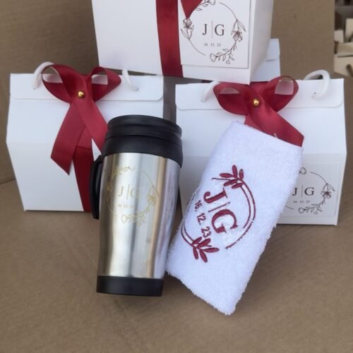 Stainless steel travel mug and towel (customized and packaged)