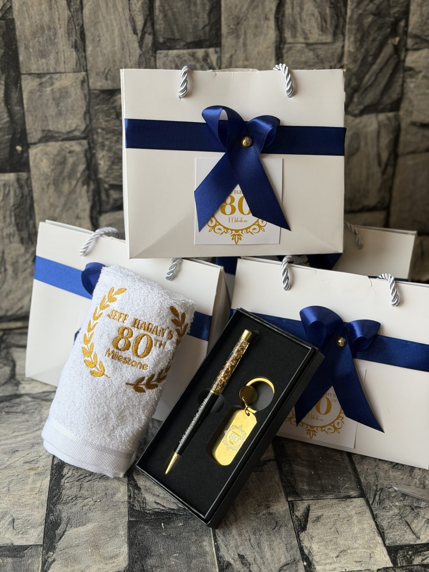 J.h Package (Customized and packaged facetowel and metal gold Keyholder)