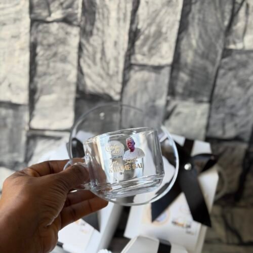 210ml glass mug and saucer (customized and packaged)