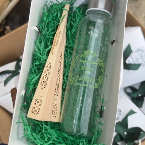 500ml plain glass bottle and wooden fan (customized and packaged)
