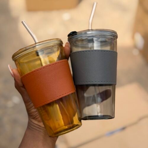 500ml Glass tumbler and straw with leather strap