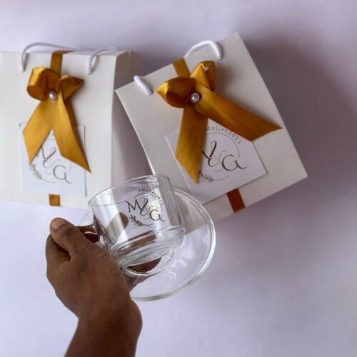 210ml glass mug and saucer (customized and packaged)