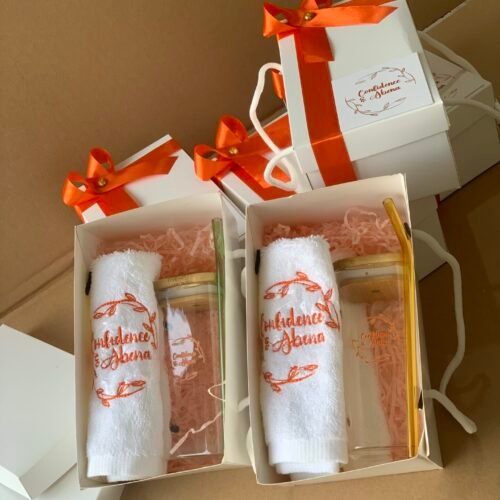 Facetowel and slim glass cup with straw customized and packaged