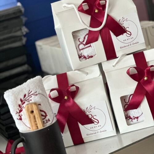 facetowel and magic mug with long wooden opener customized and packaged