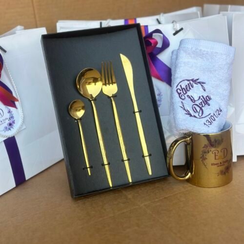 Ceramic gold and facetowel with cutlery set (Customized and packaged)