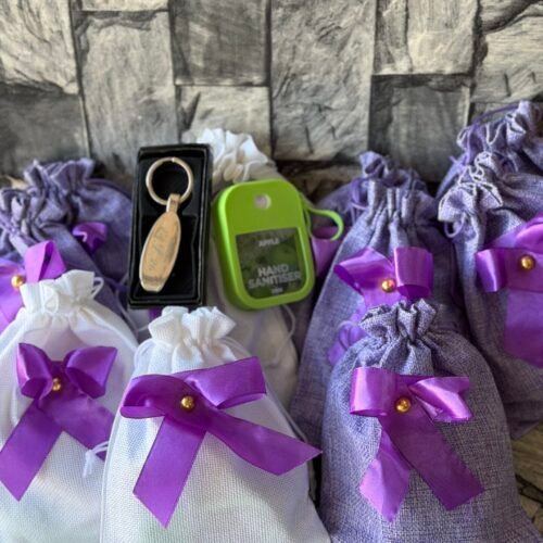 customized and packaged( Silicon case sanitizer & L-shaped keyholder)
