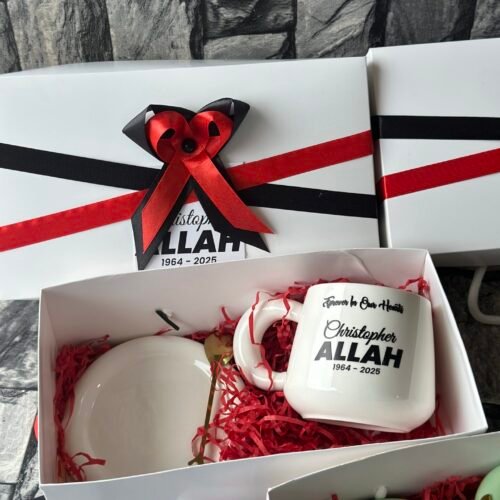Ceramic mug and saucer (customized and packaged)