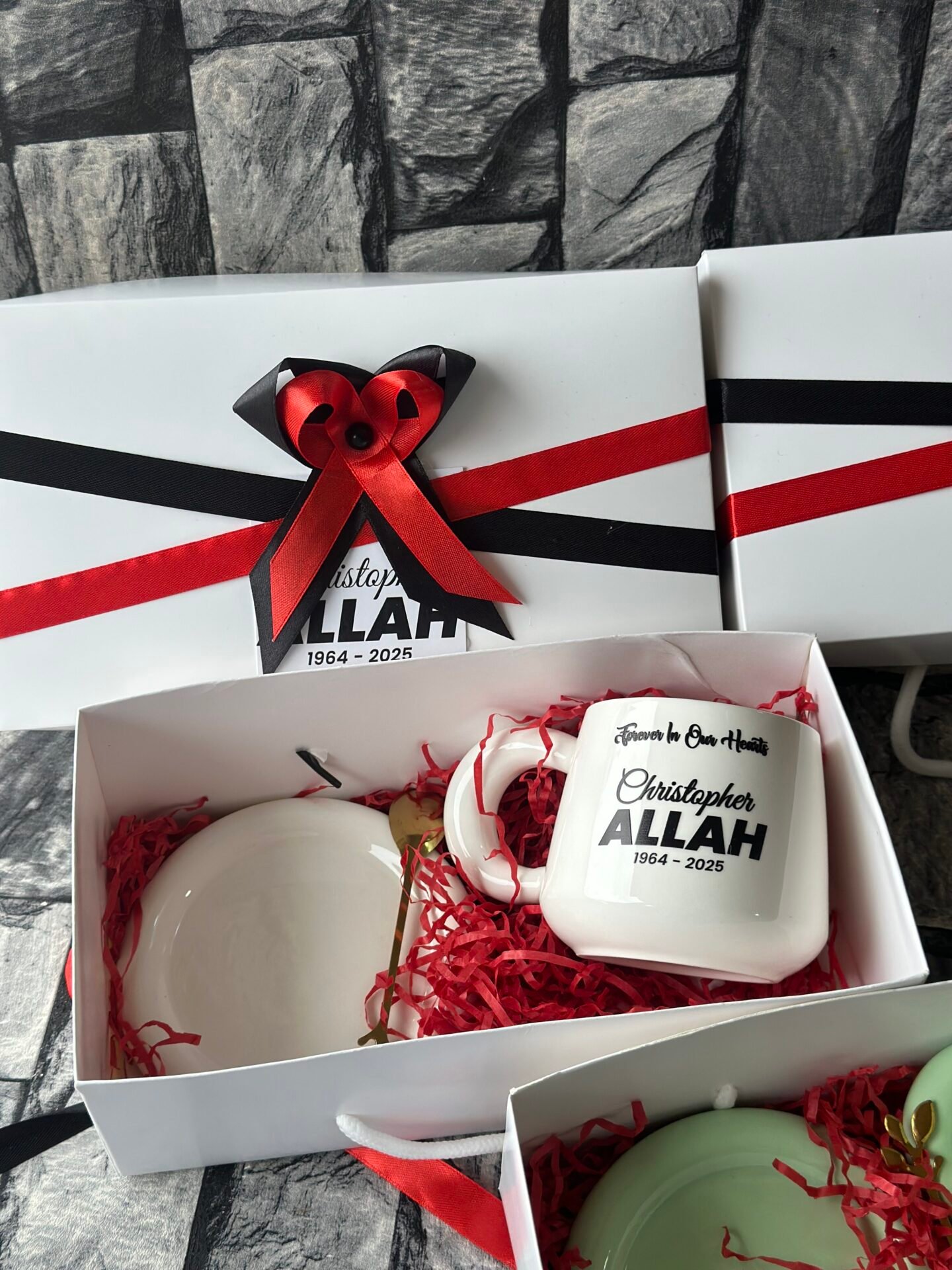 Ceramic mug and saucer (customized and packaged)