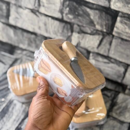 Acrylic butter container with wooden lid and cutter