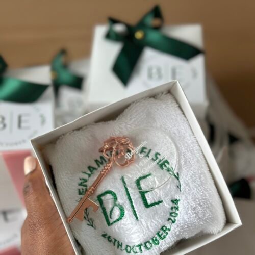 facetowel and acrylic keyholder with vintage key customized and packaged