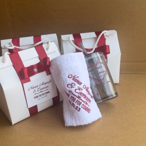 facetowel and long glass cup with handle customized and packaged
