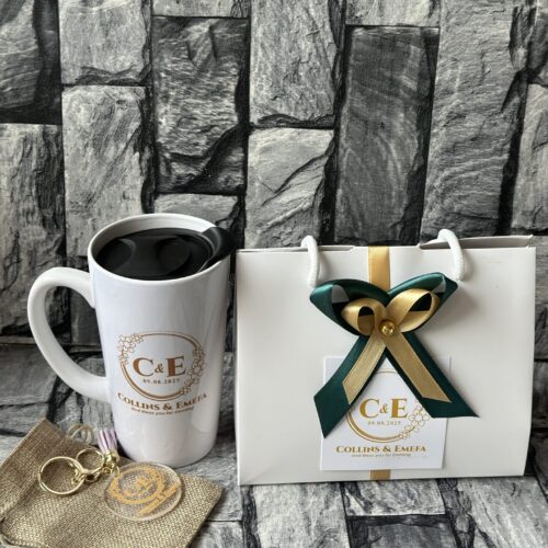 customized and packaged long ceramic mug with Acrylic keyholder