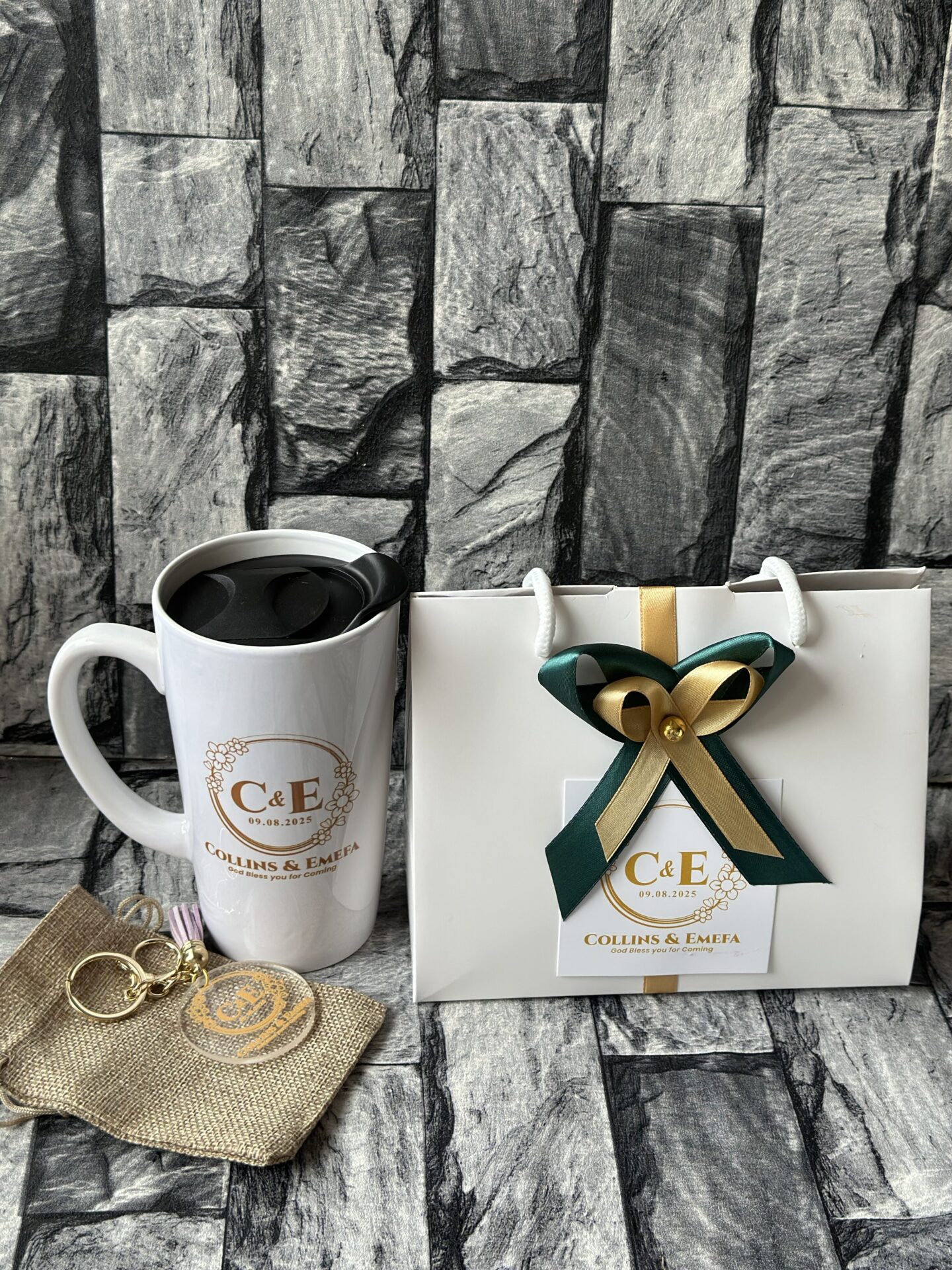 customized and packaged long ceramic mug with Acrylic keyholder