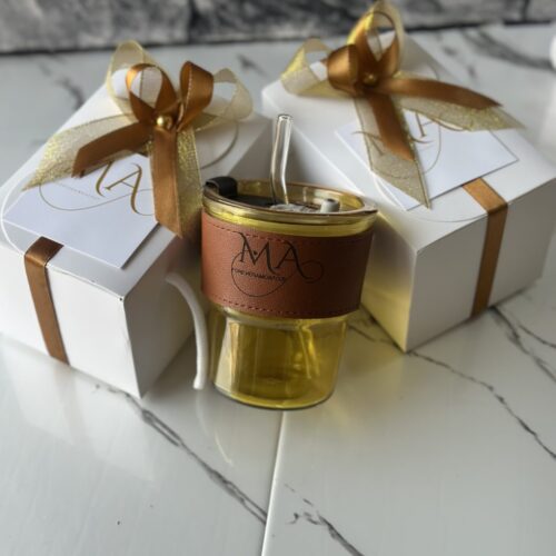 customized and packaged Glass tumbler with leather and straw